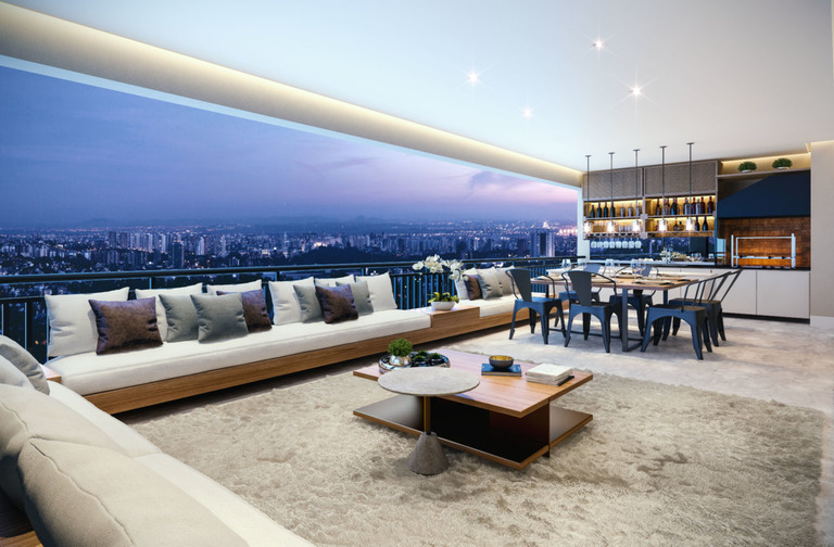 Terraço gourmet integrado ao living e à cozinha